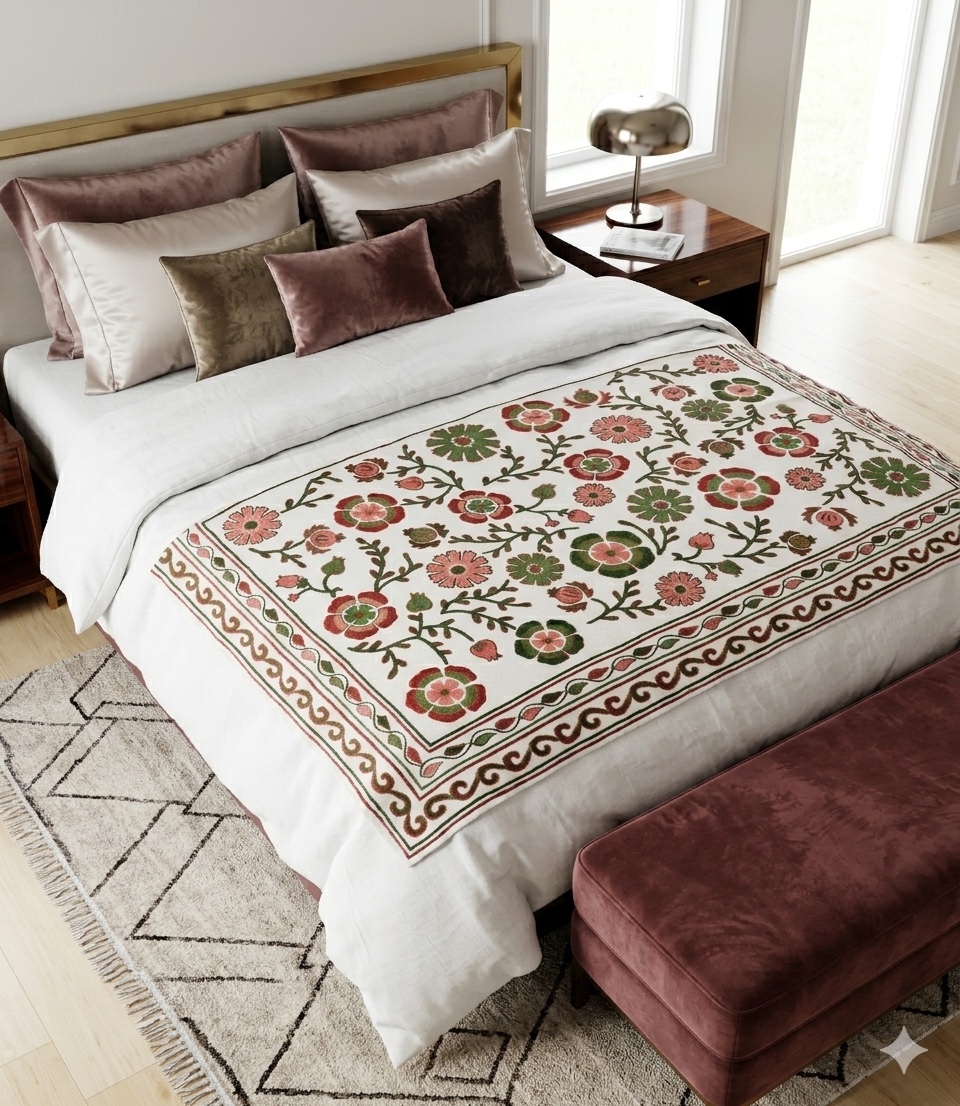 Hand-embroidered suzani throw styled on a bed — the finished piece