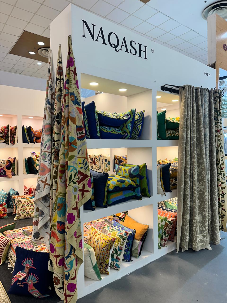 House of Naqash exhibition — handmade cushions and crewel fabrics
